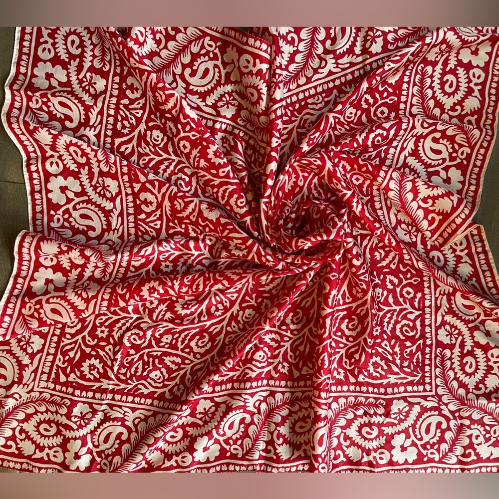 Red Silk Scarf with red white Geometric Design 100% Silk